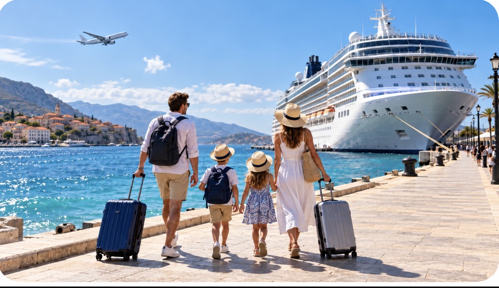 Family with luggage beside a turquoise sea and a cruise ship, with an airplane overhead